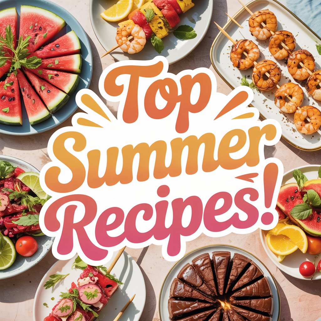 Bright, bold text reading “Top Summer Recipes” placed over a vibrant image collage featuring grilled vegetables, fruity popsicles, fresh salads, and summery drinks.