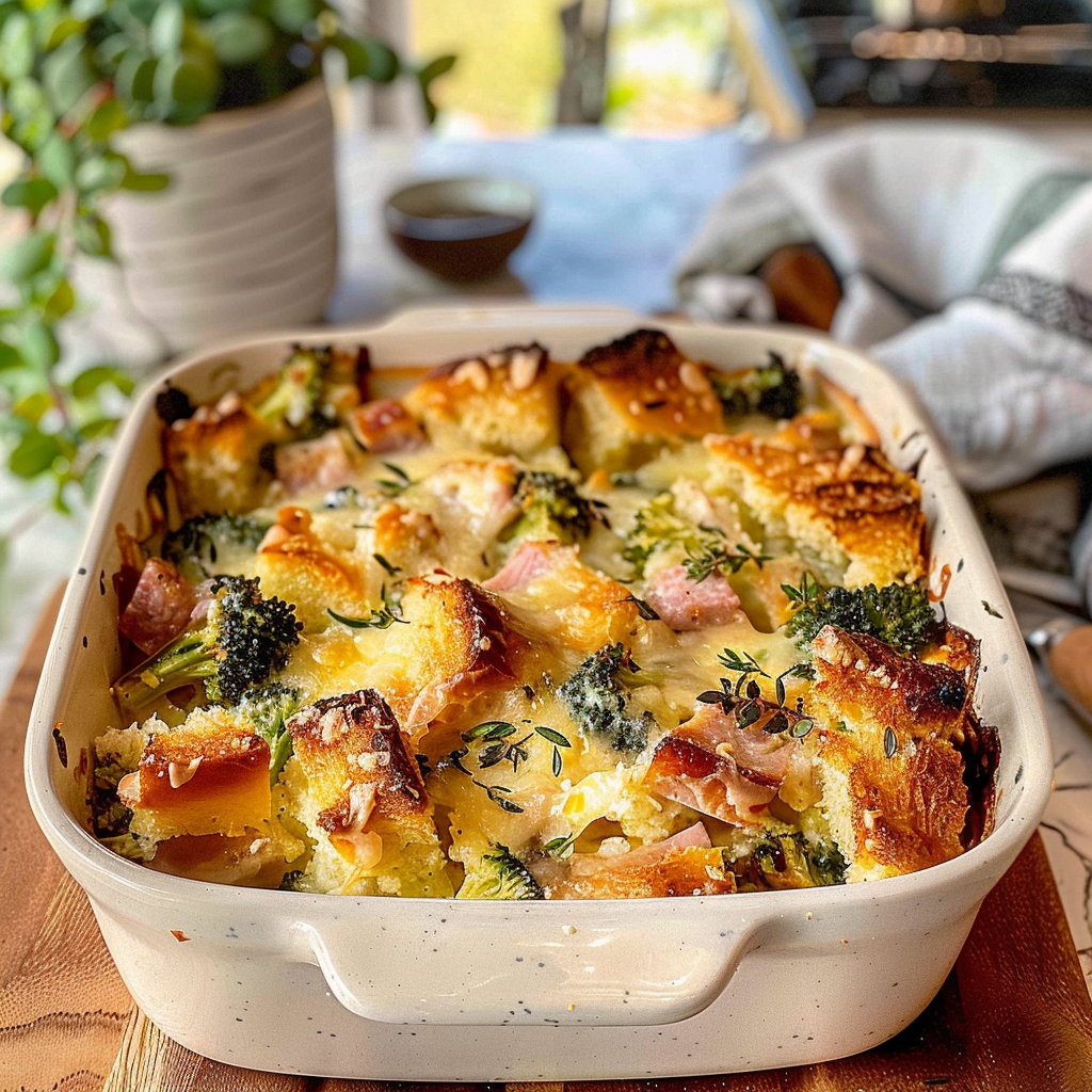 Irresistible Cheesy Parmesan Bread Pudding with Ham & Broccoli