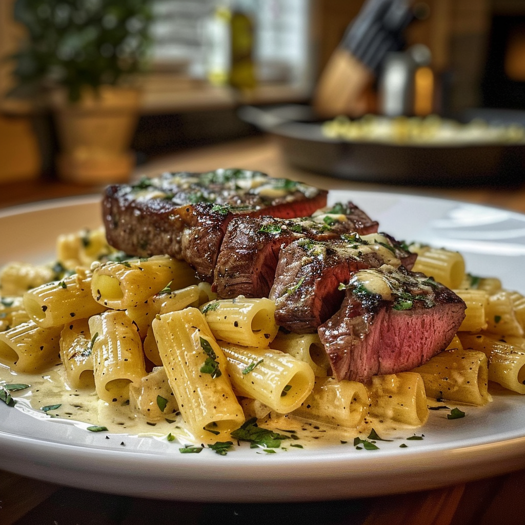 Indulge in Garlic Butter Steak with Cheesy Rigatoni